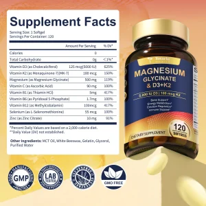 Totaria Vitamin D3 K2 5,000 IU with Magnesium Glycinate 500mg 120 softgel, for Bone Health, Immune, Energy & Mood Support, Non-GMO, Gluten-Free, Vegan Softgels for Women & Men